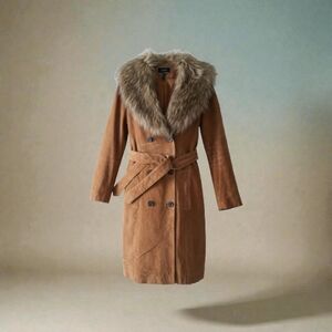Le Chateau Classic Bohemian Suede Trench Coat with Faux Fur Collar